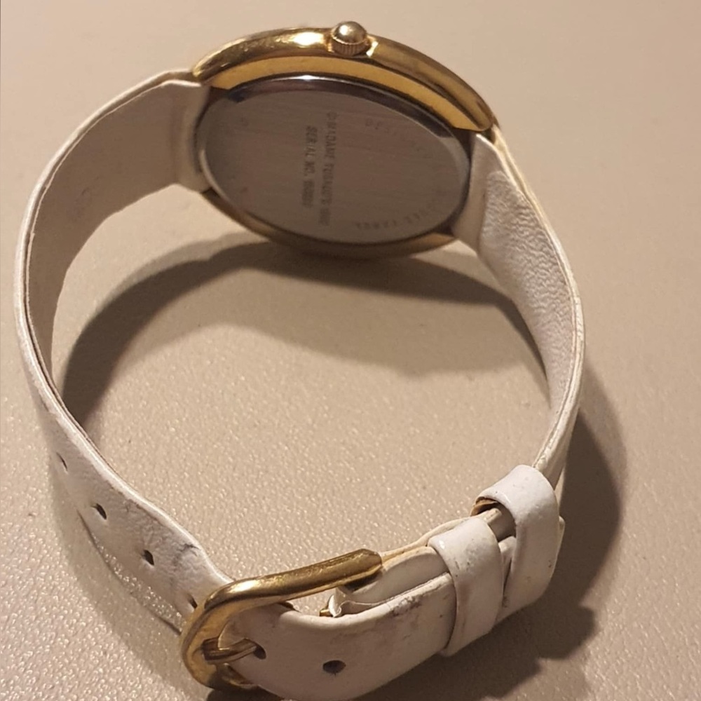🦋10/$20🦋 Vtg Jacques Farel Goldtone/White Leather Flower Print Women's Watch - Picture 3 of 4